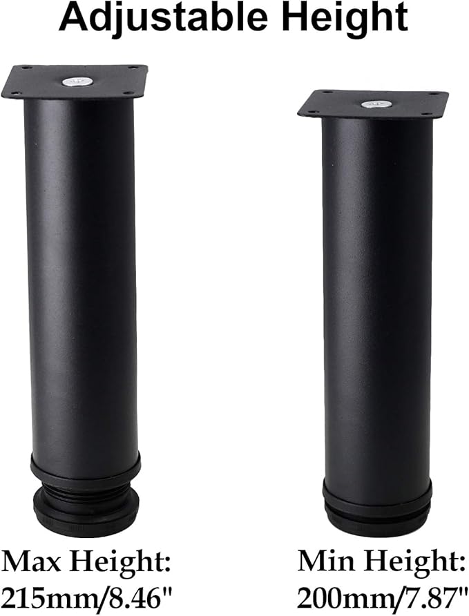 Set of 4 Stainless Steel Furniture Legs 8 Inch, Adjustable Round Cabinet Legs 2" Dia Kitchen Feet, Metal Replacement Legs for Cabinet Sofa Couch Shelves Table (Black)