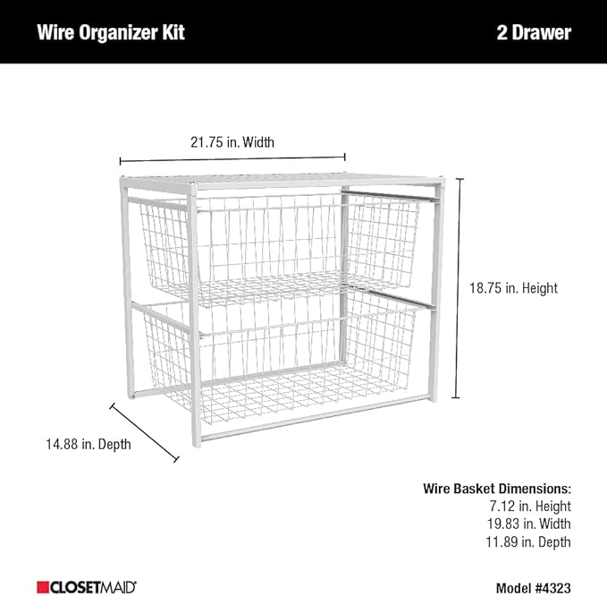 ClosetMaid Wire Basket 2 Drawer Organizer Unit with Shelf for Pantry, Closet, Clothes, Linens, Sturdy Steel, Easy Assembly, White