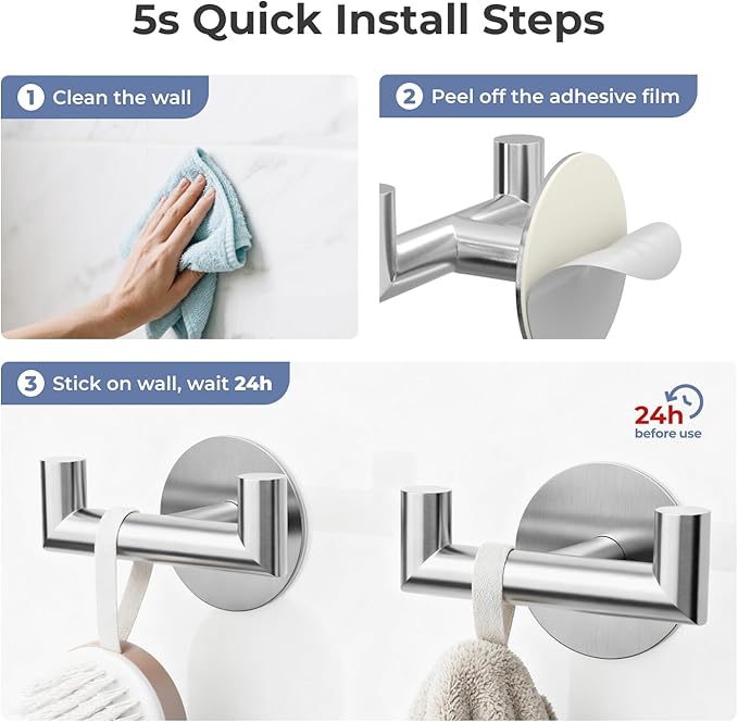 GWAAZXGZ 2 Pack Brushed Nickel Bathroom Hooks for Towels - Self Adhesive Double Hooks for Wall, No Drilling, Stainless Steel 304, Strong Hold for Robes, Coats, Shower Use