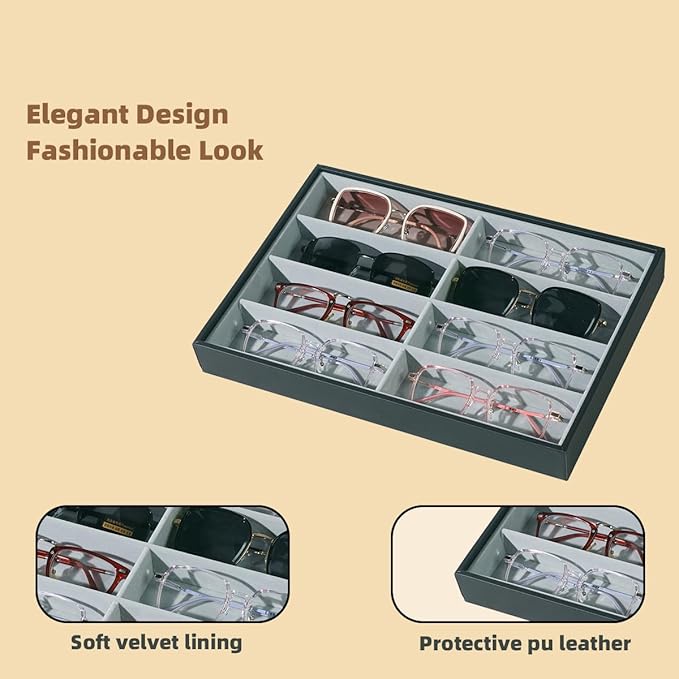 Glasses Holder Box Drawer Sunglass Organizer for Men Clear Wide Storage Case 8 Slots Multiple Reading Glasses Display, Black Leather