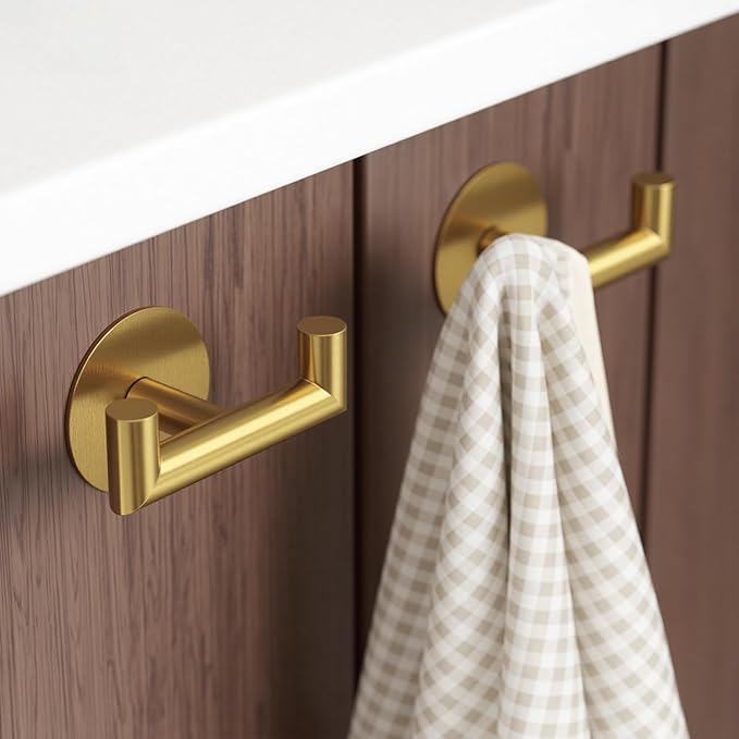 GWAAZXGZ 2 Pack Brushed Gold Bathroom Hooks for Towels - Self Adhesive Double Hooks for Wall, No Drilling, Stainless Steel 304, Strong Hold for Robes, Coats, Shower Use