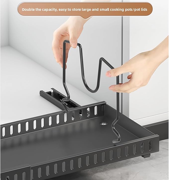 pull-out pots and pans organizer under cabinet,pot lid organizers inside cabinet holders for kitchen,Horizontal and vertical pulling modes,Can be extended and adjusted (Black horizontal)