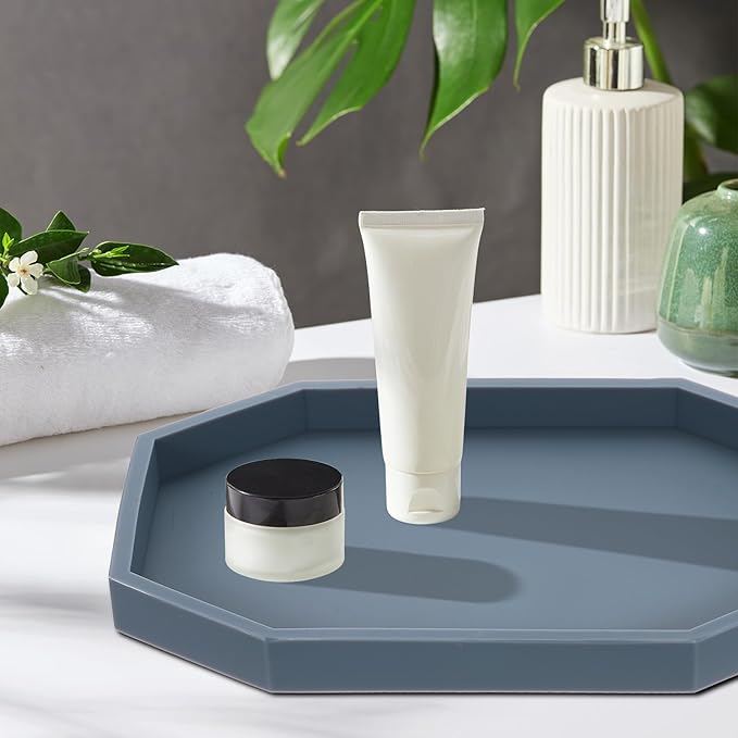 uxcell 2Pcs Bathroom Vanity Tray, 7.9" x 6" Octagon Silicone Soap Dispenser Trays, Shatterproof Kitchen Sink Organizer for Soaps Keys Candle Trinket, Black