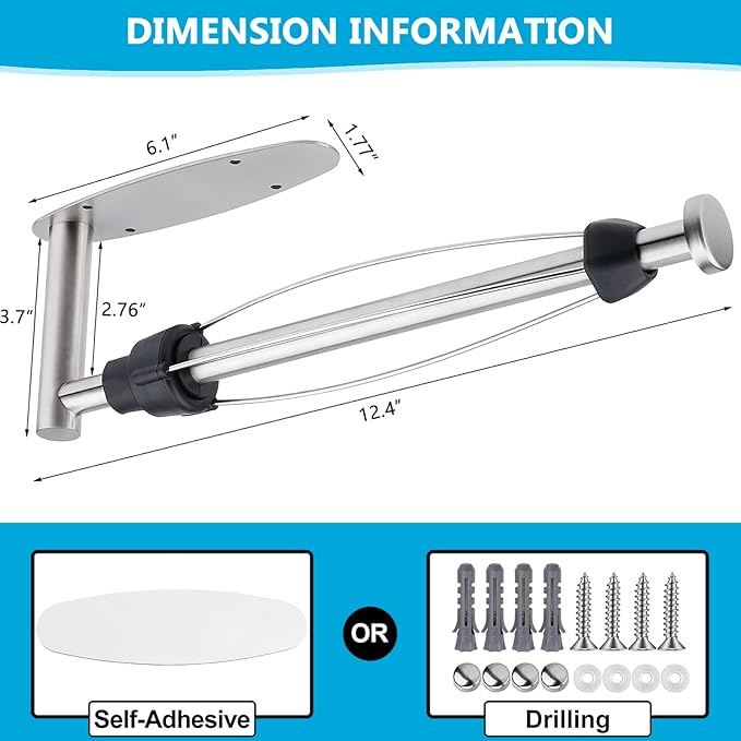 Single Hand Operable Paper Towel Holder Under Cabinet with Damping Effect, Self Adhesive Paper Towel Roll Holder Wall Mounted for Kitchen Bathroom, SUS304 Stainless Steel Brushed Nickel