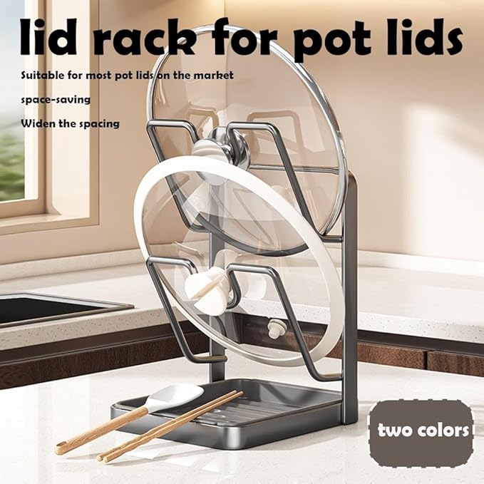 Kitchen Pot Lid Storage Rack, Pot Lid Holder With Tray,304 Stainless Steel Pots Lids Holder While Cooking, Multifunctional Kitchen Pots Cover Organizer for Countertop