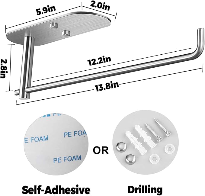 Paper Towel Holder Under Kitchen Cabinet - Self Adhesive or Drilling Paper Towel Holder Stick on Wall for Kitchen, Bathroom, Cabinets, SUS304 Stainless Steel - Silver