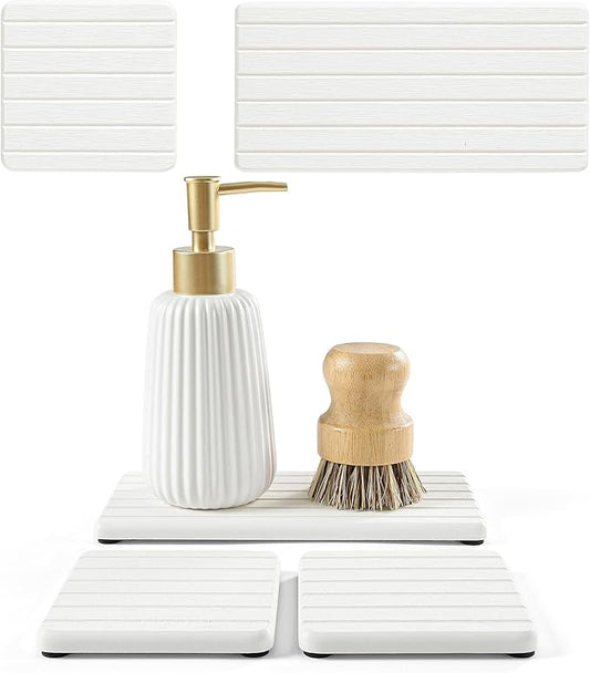 Diatomaceous Earth Sink Organizer Tray Set, 3-Pack Fast Drying Water Absorbing Stone Soap Holder Caddy for Kitchen & Bathroom Counter, Faucet Splash Guard, White (1pc of 8"x3.8" + 2pcs of 3.8"x3.8")