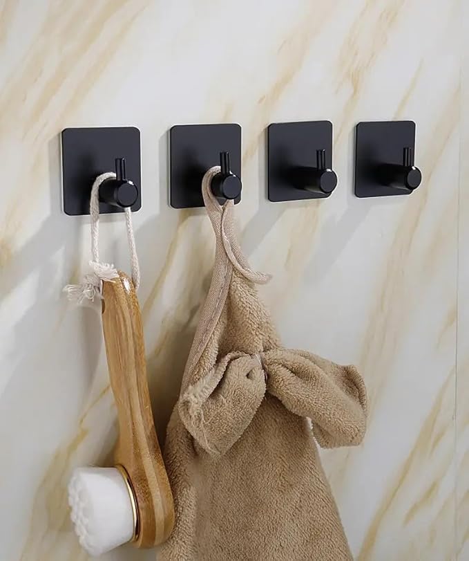 LICITE USA 4-Pack Adhesive Hooks – Heavy Duty Stainless Steel Stick-On Wall Hooks for Bathroom, Kitchen, Doors, and Cabinets – Waterproof, Rust-Resistant, No Drill Required (Black/Silver)