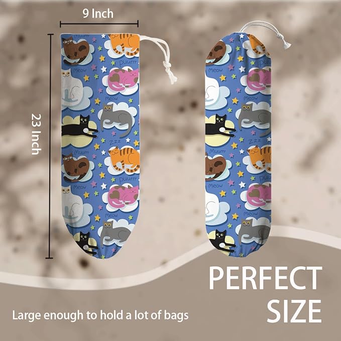 Cats Plastic Bag Holder, Hanging Shopping Bags Storage Dispenser, Cute Animal Fabric Garbage Trash Bag Dispenser for Home Kitchen Pantry Cabinet, Wall Mount, Housewarming Gifts for Kitchen