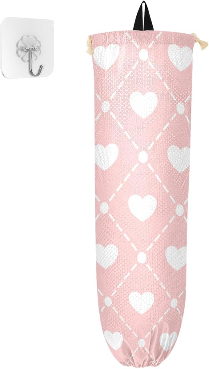 Plastic Bag Holder Wall Mount Grocery Bag Shopping Bag Storage Holder Organizer Dispenser with Adhesive Hook,for Kitchen Bathroom Home Decor 9x22inches Pink Heart