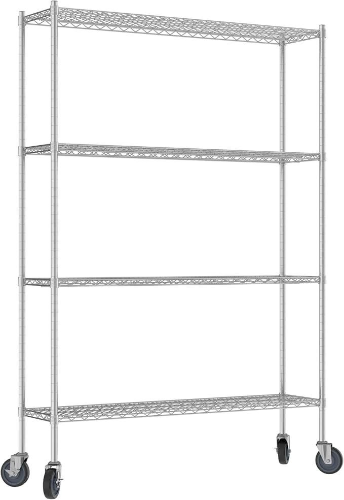 Commercial NSF Listed Chrome Mobile Wire Shelving Kit 14" x 54" x 80", with 4 Shelves Perfect for Warehouse, Walk-in Refrigerator, Freezer, Grocery Store, Restaurant, Dishroom