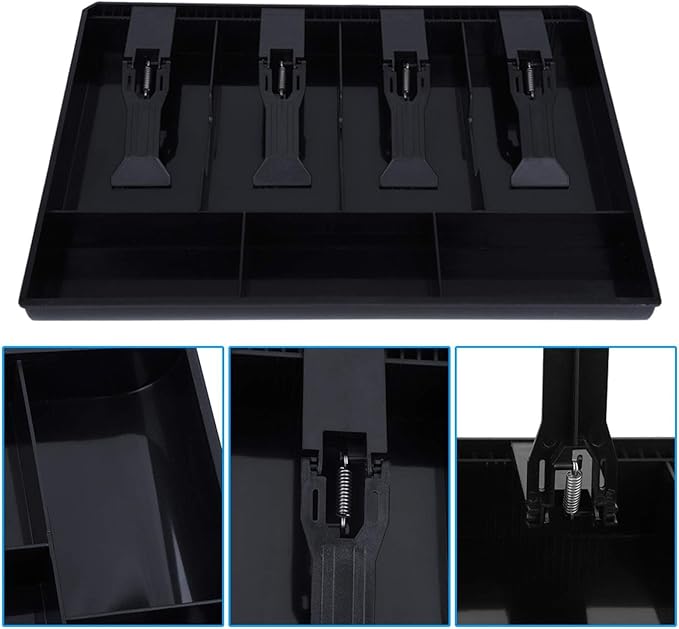 Tiiyee Cash Register Drawer Insert Tray, Cash Money Tray 4 Bill 3 Coin Currency Compartment Replacement Organizer Removable Slot Storage Case with Plastic Clip for Point of Sale System Stores