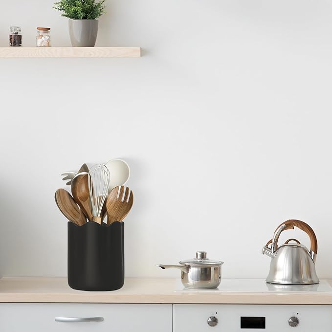 Ceramic Utensil Holder for Kitchen Counter, 6.2" Kitchen Utensil Holder with Cork Bottom for Countertop, Modern Scalloped Cooking Tool Organizer for Spatula, Black