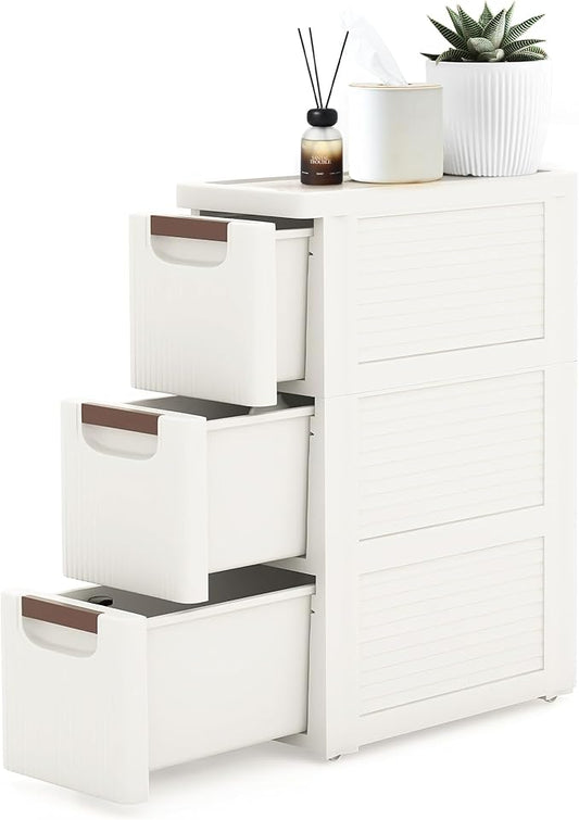 3 Drawers Narrow Storage Cabinet, Slim Bathroom Storage Cabinet, Plastic Rolling Cart Organizer for Small Spaces, Laundry, Office, Home, White