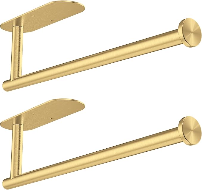 Gold Paper Towel Holder Under Cabinet - Self Adhesive Paper Towel Roll Holder Stick on Wall, Stainless Steel Paper Towel Rack for Kitchen Bathroom(2 Pcs)