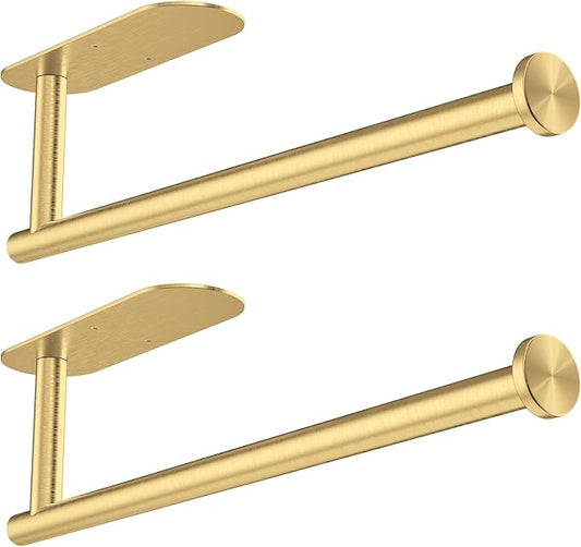 Gold Paper Towel Holder Under Cabinet - Self Adhesive Paper Towel Roll Holder Stick on Wall, Stainless Steel Paper Towel Rack for Kitchen Bathroom(2 Pcs)