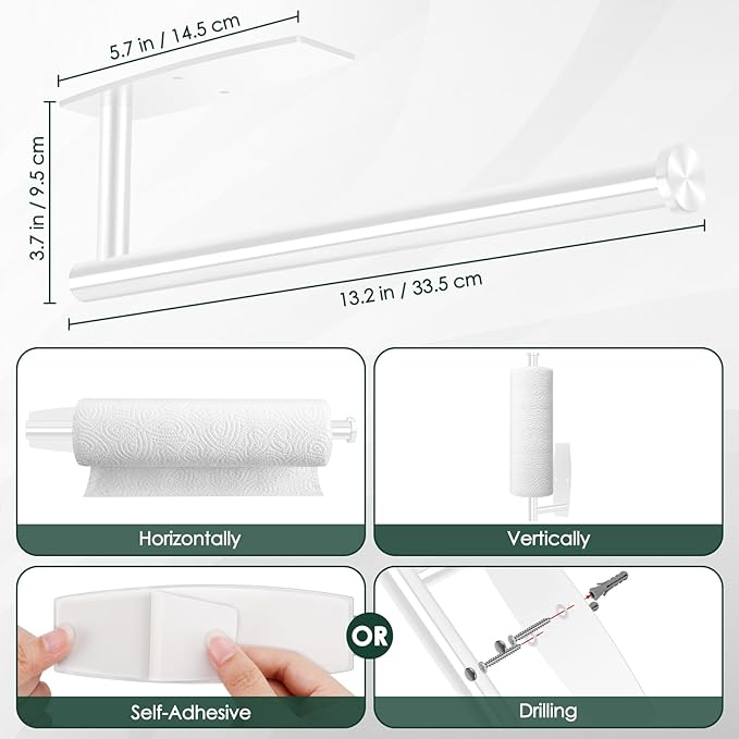 White Paper Towel Roll Rack - Under Cabinet Stainless Steel Towel Holder - Self Adhesive or Drilled Mount - 200 lbs Max Weight