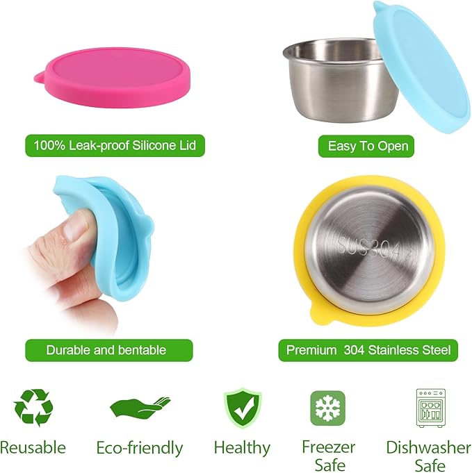 Ecurfu Salad Containers For Lunch To Go, 6x1.6 Oz Stainless Steel Condiment Containers With Lids, Leakproof Sauce Cups for Dipping, Salad Dressing, Meal Prep