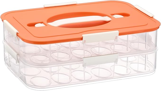 BTSKY Deviled Egg Platter with Lid, 2-Layer 36 Slots Deviled Eggs Carrier, Clear Portable Egg Holder for Fridge Reusable Deviled Eggs Tray Carton Box for Easter and Party Favor (2-Layer, Orange)