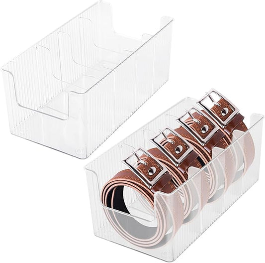 Acrylic Belt Organizer, 2 Pack Clear Stackable Belt Holder for Closet Drawer Storage 4 Compartments with Removable Dividers, Multi-Purpose Display Bins with Inserts for Ties,Socks