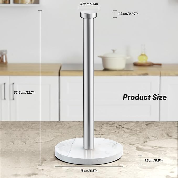 VEHHE Marble Paper Towel Holder for Kitchen Countertop, Standing Paper Towel Stand with Weighted Base & EVA Non-Slip Pad, for Bathroom or Kitchen (Silver)