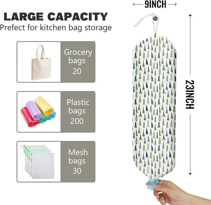 Green Fresh Style Grocery Bag Holder and Dispenser Christmas Tree Pattern Plastic Bags Organizer Garbage Shopping Trash Bags Storage for Kitchen Home Gifts Women Friends Sisters