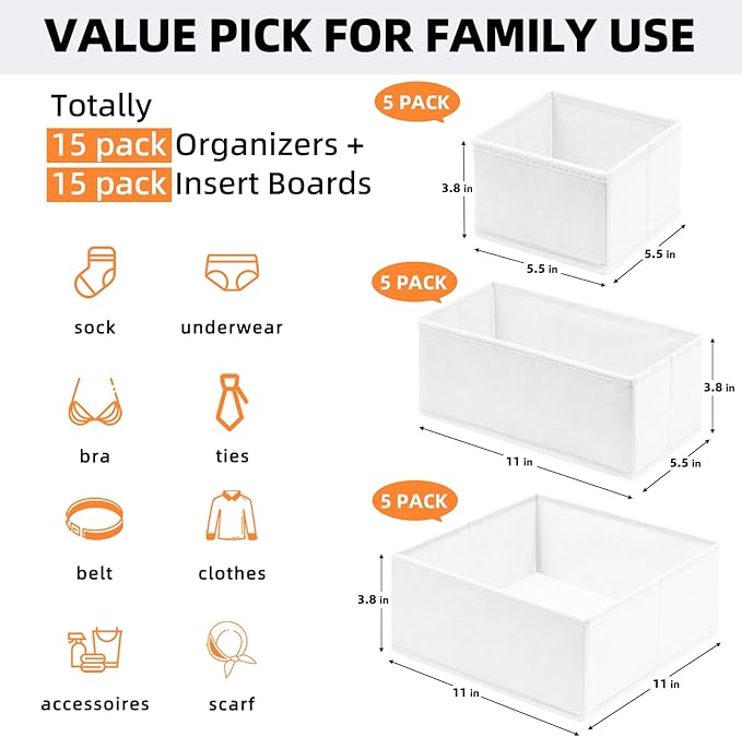 Criusia Closet Drawer Organizer Clothes, 15 Pack White Dresser Organizer for Baby Clothes, Fabric Drawer Dividers for Nursery Bedroom