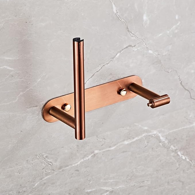 YUET Toilet Roll Holder, Self Adhesive or Screw in Wall Mounted Options, Double Post Pivoting Tissue Roll Holder, Stainless Steel Rustproof Stick On No Drilling Wall Mount for Bathroom, Rose Gold