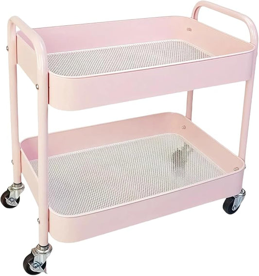 2 Tier Pink Rolling Cart with Wheels for Under Desk Storage, Large Capacity Rolling Pantry & Kitchen Storage Cart for Small Space, Sturdy Metal Bathroom Shelf Laundry Room Organization