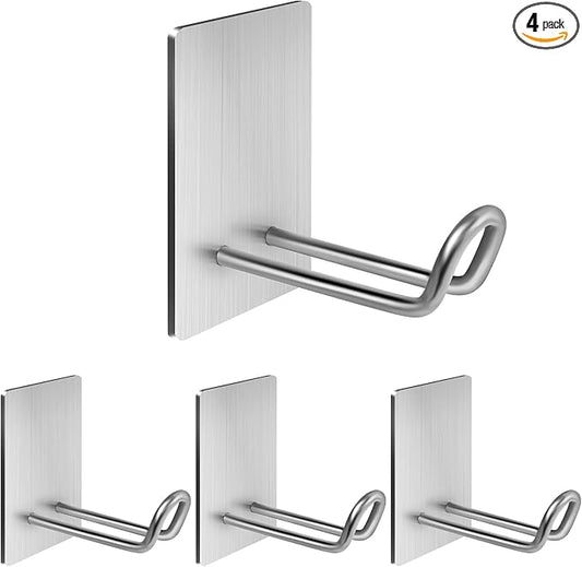 Quavzotu Self Adhesive Hooks Heavy Duty, Large Stainless Steel Towel Hooks, No Drill Sticky Hooks, Long Stick on Shower Wall Hooks for Hanging Hat Coat Key Headphone (Sliver(4Pcs))