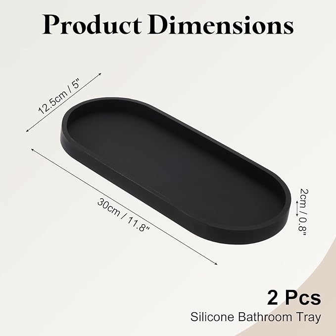 uxcell 2Pcs Bathroom Vanity Tray, 11.8" x 5" Oval Silicone Soap Dispenser Trays, Shatterproof Kitchen Sink Organizer for Soaps Keys Candle Trinket, Black
