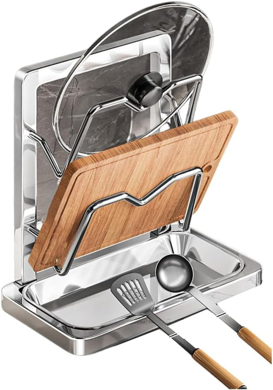 Kitchen Pot Lid Storage Rack, Pot Lid Holder With Tray, Lid Holder While Cooking, Lid And Spoon Rest, Multifunctional Kitchen Organizer Stand for Stove Top (Countertop, Double-layer)