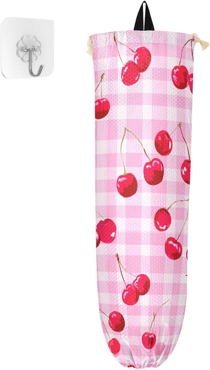 Plastic Bag Holder Wall Mount Grocery Bag Shopping Bag Storage Holder Organizer Dispenser with Adhesive Hook,for Kitchen Bathroom Home Decor 9x22 Inches Pink Juicy Checkered Cherry30