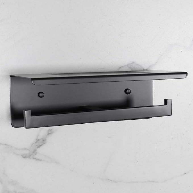 Matte Black Toilet Paper Holder - Toilet Paper Double Roll Holder with Shelf Wall Mounted for Bathroom, Stainless Steel