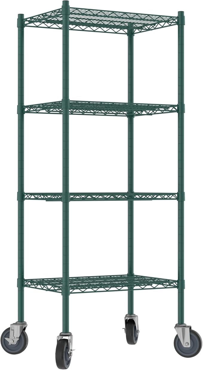 Commercial NSF Listed Green Epoxy Mobile Wire Shelving Kit 18" x 24" x 60", with 4 Shelves Perfect for Warehouse, Walk-in Refrigerator, Freezer, Grocery Store, Restaurant, Dishroom