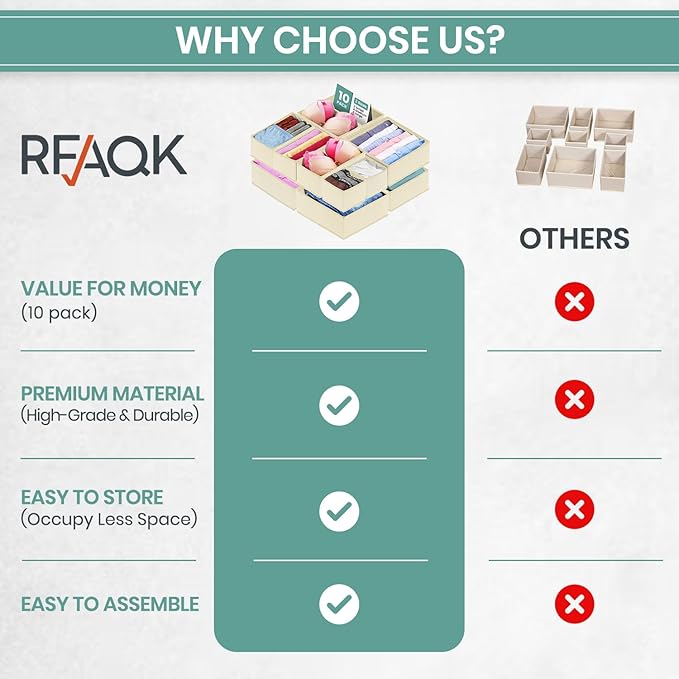 RFAQK Drawer Organizer Clothes-Dresser Organizer Bins for Baby Cloth-Organization and Storage for Underwear Bra Socks-Foldable Fabric Closet Divider for Bedroom, Nursery Essentials (Beige, 10 Pack)