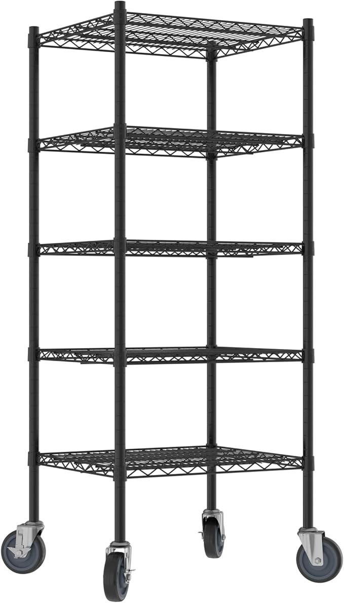 Commercial NSF Listed Black Epoxy Mobile Wire Shelving Kit 21" x 24" x 60", with 5 Shelves Perfect for Warehouse, Walk-in Refrigerator, Freezer, Grocery Store, Restaurant, Dishroom