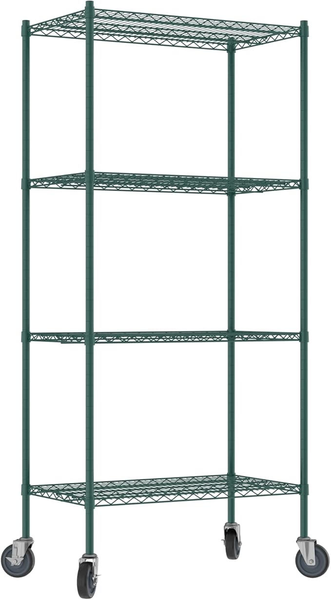 Commercial NSF Listed Green Epoxy Mobile Wire Shelving Kit 21" x 36" x 80", with 4 Shelves Perfect for Warehouse, Walk-in Refrigerator, Freezer, Grocery Store, Restaurant, Dishroom