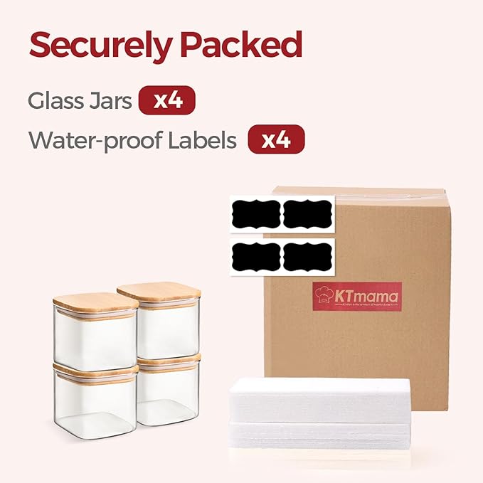 Glass Storage Jars with Bamboo Lid,Airtight Kitchen Canisters for Baking, Food Jar Container for Spices Cookie Tea Coffee Beans Snacks (4 pack 0.6qt)