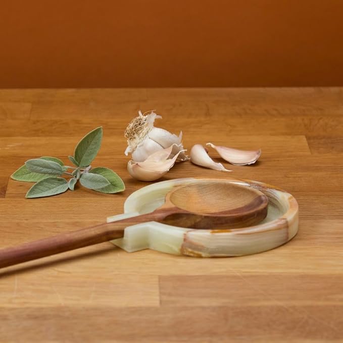 Spoon Rest for Stovetop, Large Onyx Stone Spoon Holder for Kitchen Counter, Heat-Resistant Cooking Spoon Rest, Kitchen Decor, Kitchen Essentials, 5" Wide, Natural Beige, Varying Patterns