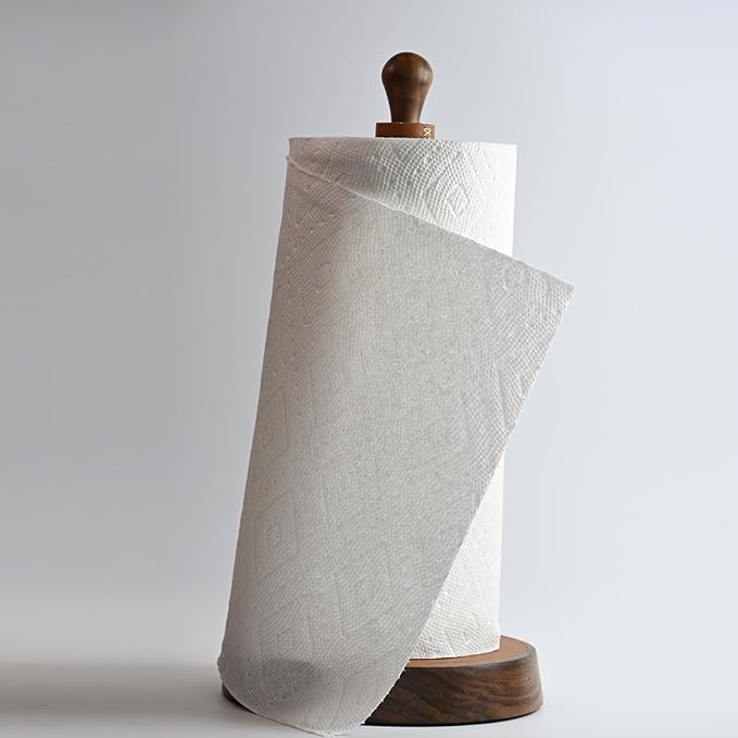 YUMORE Paper Towel Holder for Kitchen Countertop - Designer Walnut Wood and Leather Stand with Stabel Base, Modern Organizer for Bathroom