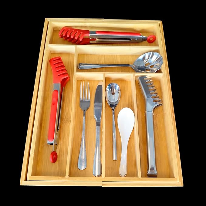 Adjustable Bamboo Drawer Organizer, Expandable Silverware Drawer Organizer, Large Cutlery Tray with Wooden Drawer Dividers for Flatware Organizing Kitchen Utensils Holder (6-8 Slots, Natural)