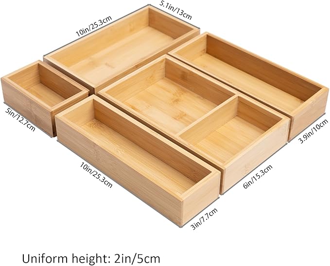 5-Piece Bamboo Drawer Organizer Set Wooden Drawer Organizer for Office，Kitchen Wood Drawer Tea Organier Boxes Silverware, Makeup and Tea Bag