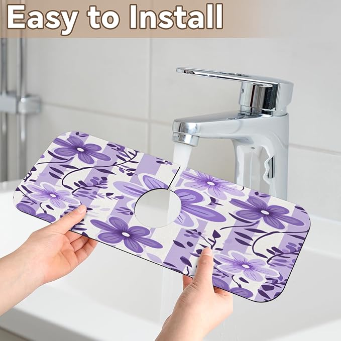 Purple Floral Stripe Kitchen Faucet Mat Splash Guard, 15.4”x5.7” Absorbent Quick Drying Sink Mat for Countertop Protection, Draining Mat Sink Protectors For Kitchen Bathroom, 1 Pack