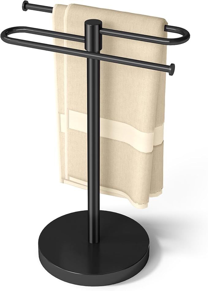 Hand Towel Stand, Stainless Steel Towel Holder for Bathroom Countertop, 15.2 Inch S-Shape Weighted Base Standing Hand Towel Rack Bar Holds 2 Towels for Kitchen Vanity, Black