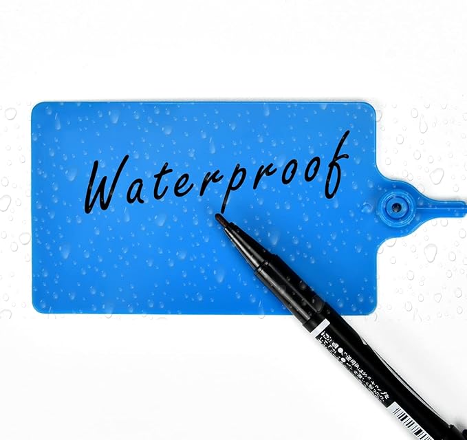 LeadSeals 100 Plastic Shipping Tags - Waterproof, Writable, Hanging Tags with One Marker Pen (Navy Blue)