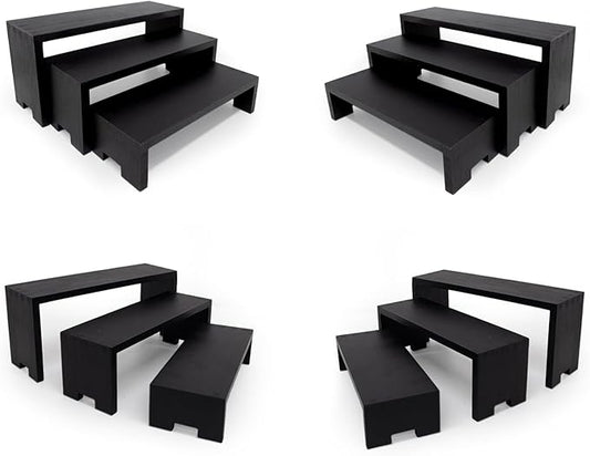 12Pcs Display Riser Wood Risers Wooden Stand 3 Tier 4 Set 12 Pieces Wood Racks Decorative Rectangular, Cupcake Stands Cologne Perfume Organizer(Black)