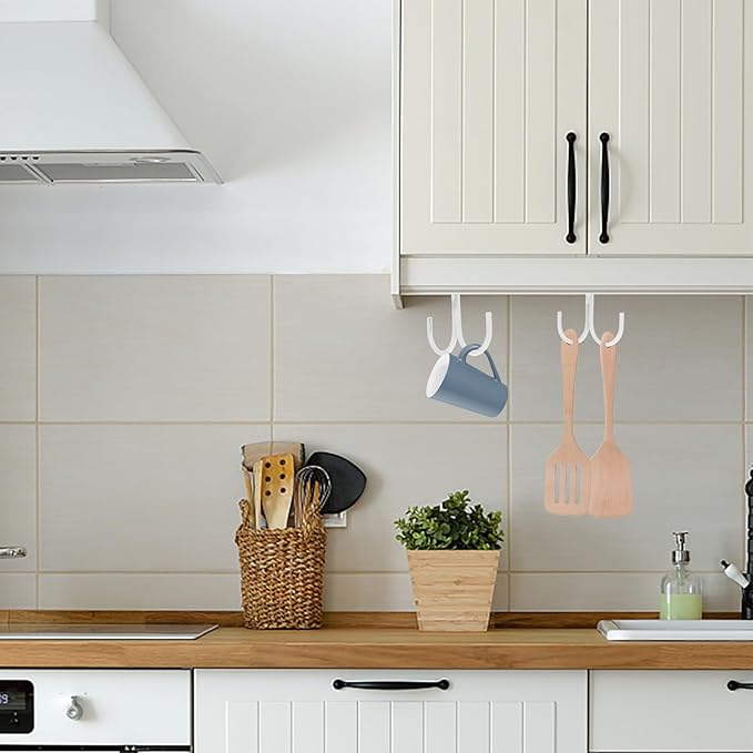 Cabinet Mug Hooks Rack, White Iron Kitchen Rack with 4 Hooks, Space-Saving Cupboard Holder and Utensil Organizer for Kitchen Storage