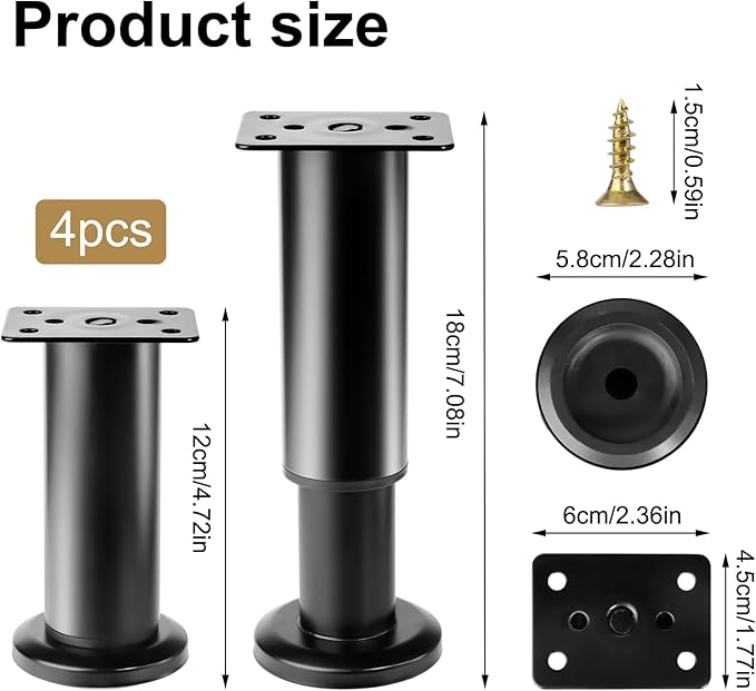 4 Pcs Metal Furniture Legs, 4.7-7 Inch Black Adjustable Furniture Legss, Adjustable Height Bed Support Legs for Bed Frame Support Legss, Sofa Couch Dresser Table Bed Cabinet Feet