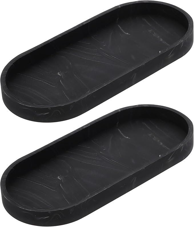 uxcell 2Pcs Bathroom Vanity Tray, 9.8" x 4" Oval Silicone Soap Dispenser Trays, Shatterproof Kitchen Sink Organizer for Soaps Keys Candle Trinket, Marble Black
